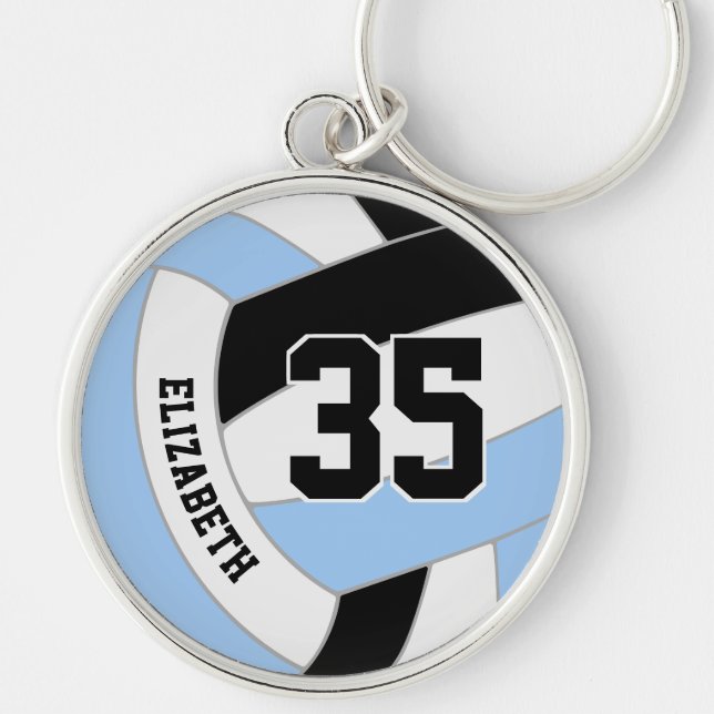 player name jersey number on blue black volleyball keychain (Front)
