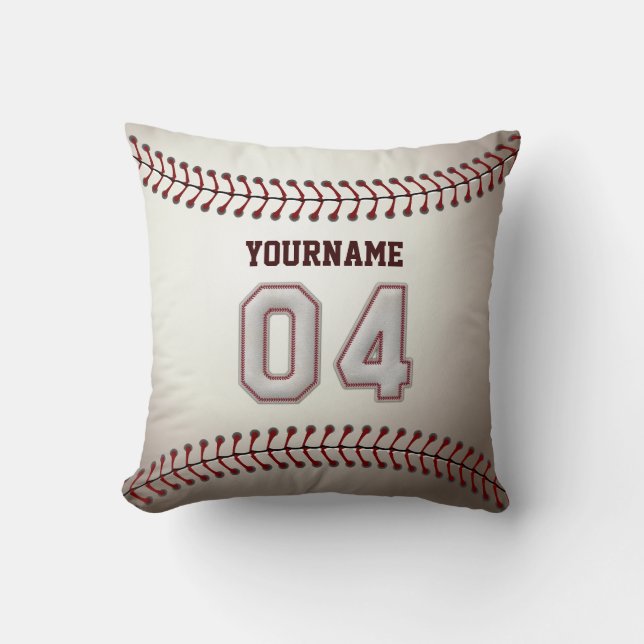 Player Number 04 - Cool Baseball Stitches Throw Pillow (Front)