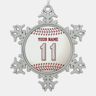 Player Number 11 - Cool Baseball Stitches Snowflake Pewter Christmas Ornament