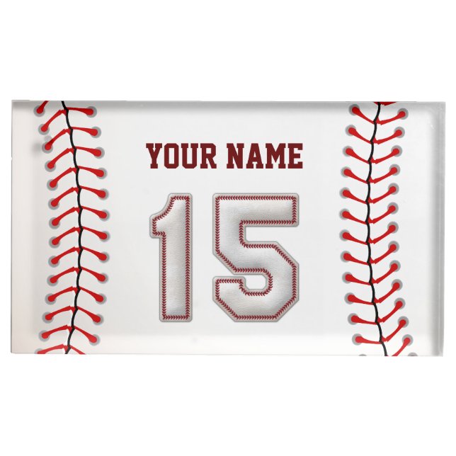 Player Number 15 - Cool Baseball Stitches Place Card Holder (Front)