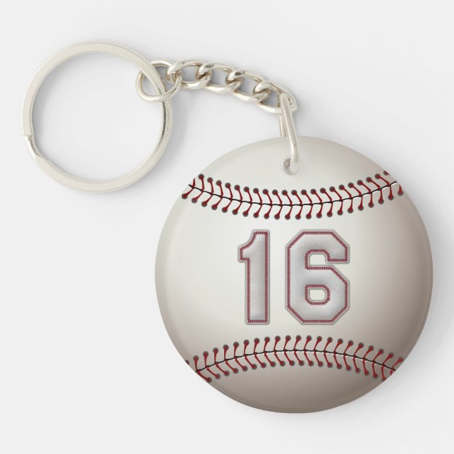 Player Number 16 - Cool Baseball Stitches Keychain (Front)
