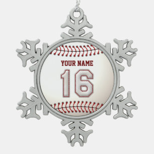 Player Number 16 - Cool Baseball Stitches Snowflake Pewter Christmas Ornament