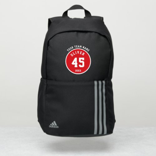 Player Red Name Number Team Name Adidas Backpack - Player Red Name Number Team Name Adidas Backpack. Personalize it with your name, team name and team number.  You can change any text on the backpack or erase it. A perfect gift for a football, basketball, soccer, baseball, volleyball player.