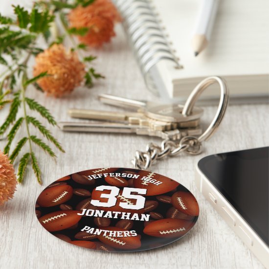 player team mascot name jersey number football keychain