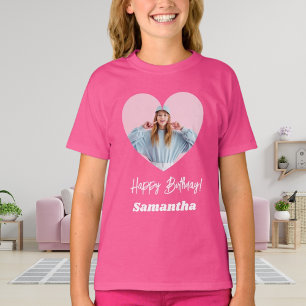 Playera Foto de nombre de corazón chica de cumpleaños rosa