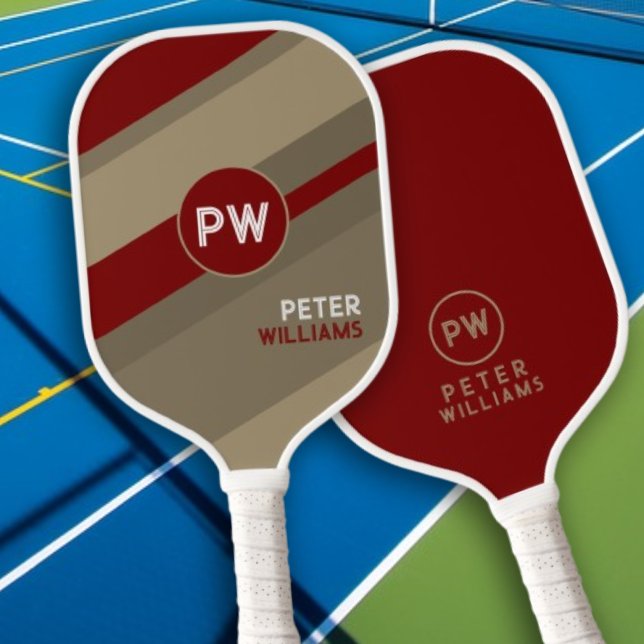 Player's Name Red Monogram Diagonal Stripes Pickleball Paddle (Creator Uploaded)