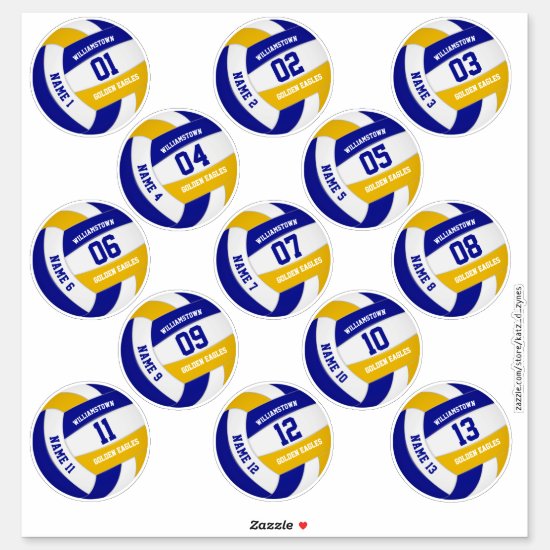 players names blue gold volleyball 3 inch stickers