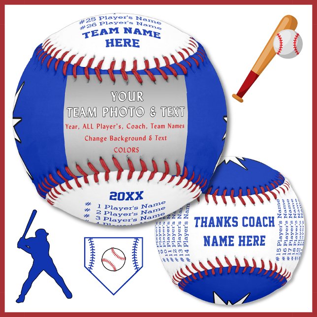 Players, Team, Coach Names Personalized Baseball (Best end of the baseball season gifts to coaches. Personalized Baseball. Blue and White Baseball.)