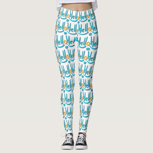 Playful Abstract Hello Pattern Art Leggings (Front)