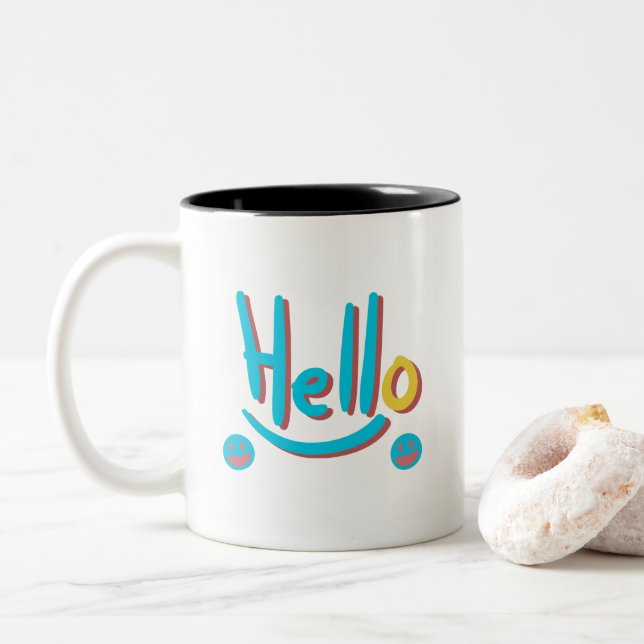 Playful Abstract Hello Pattern Art Two-Tone Coffee Mug (With Donut)