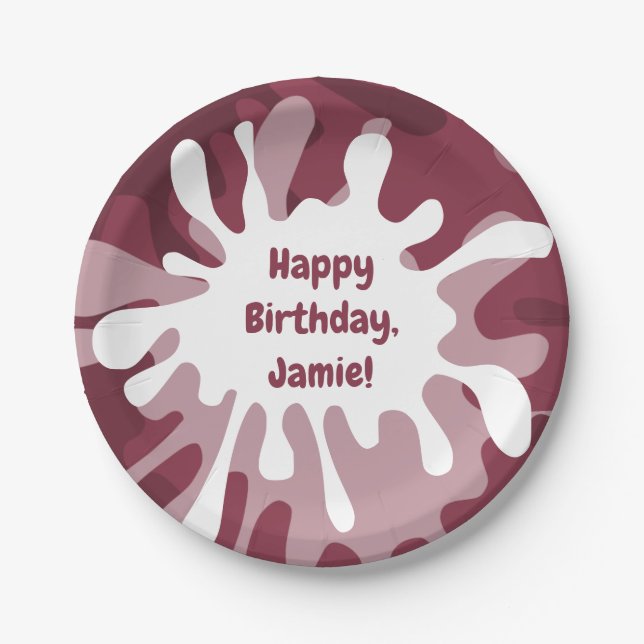 Playful Abstract Red Splatter Painting Birthday Paper Plates (Front)