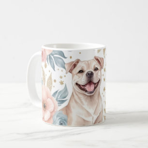 Playful American Staffordshire Terrier with Floral Coffee Mug
