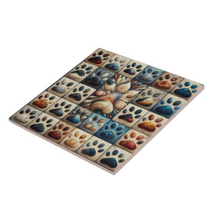 Playful and curious colored canine paw print ceramic tile