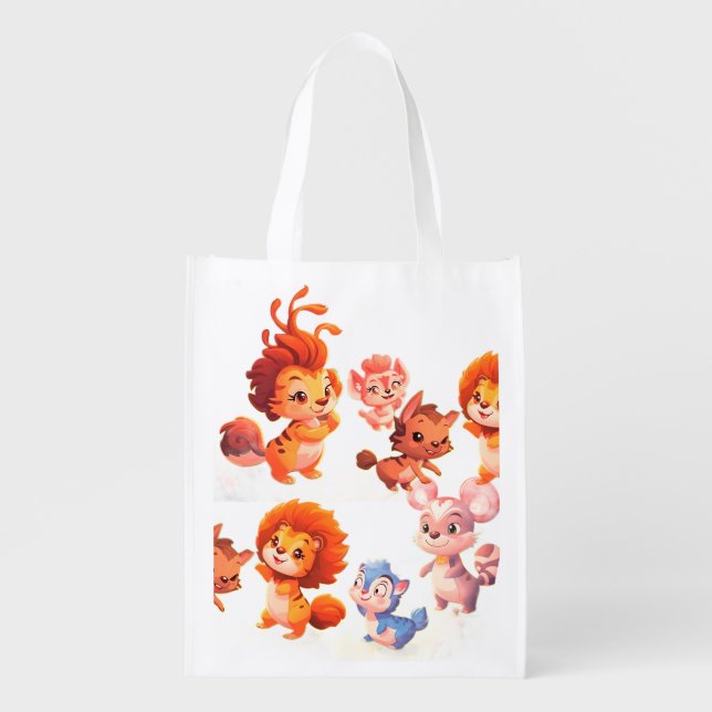 Playful Animals on a White Reusable Grocery Bag (Front)