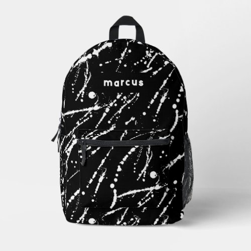 Playful artistic black and white splatter w name printed backpack