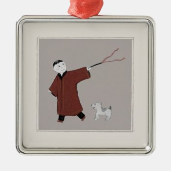Playful Asian Boy And His Dog Ornament by sfcount at Zazzle