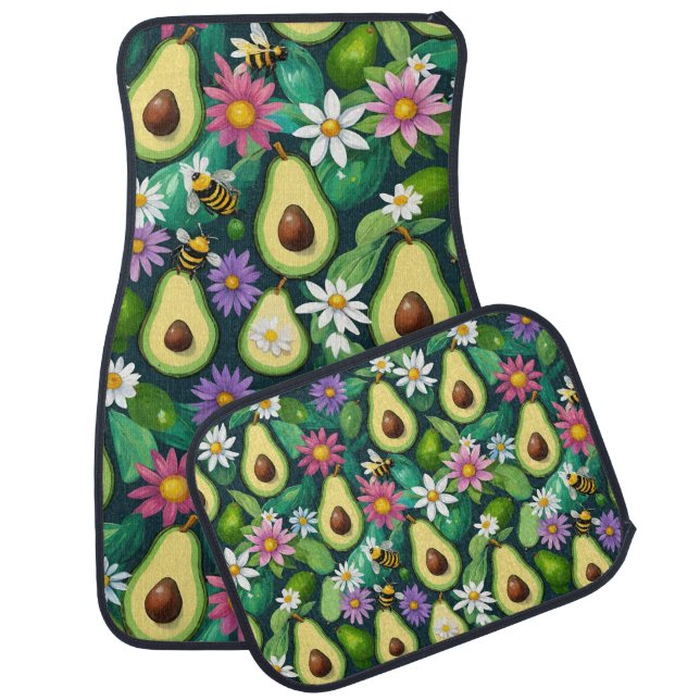 Playful Avocados With Bees and Flowers Car Floor Mat (Set)