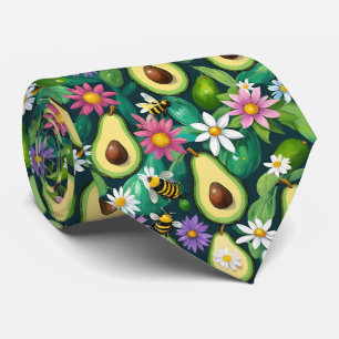 Playful Avocados With Bees and Flowers Neck Tie