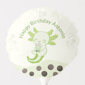 Playful Axolotl Green Boba Tea Kids Birthday Party Balloon