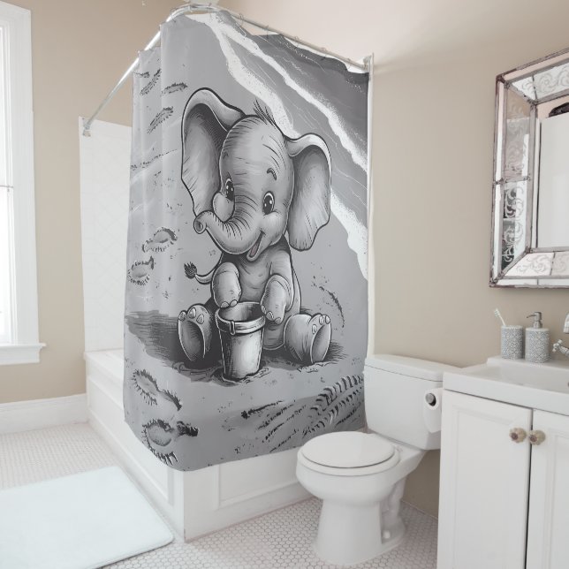Playful Baby Elephant Beach Adventure Adorable Fun Shower Curtain (In Situ)