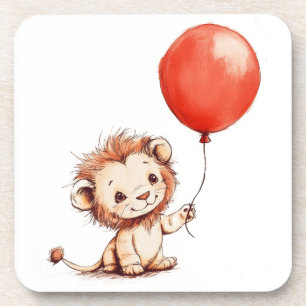 Playful Baby Lion with Red Balloon Beverage Coaster