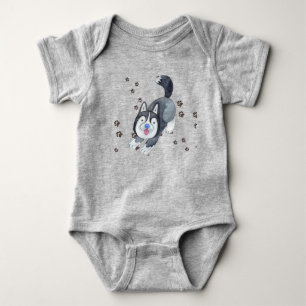 Playful Baby Siberian Husky Puppy Dog Making Track Baby Bodysuit