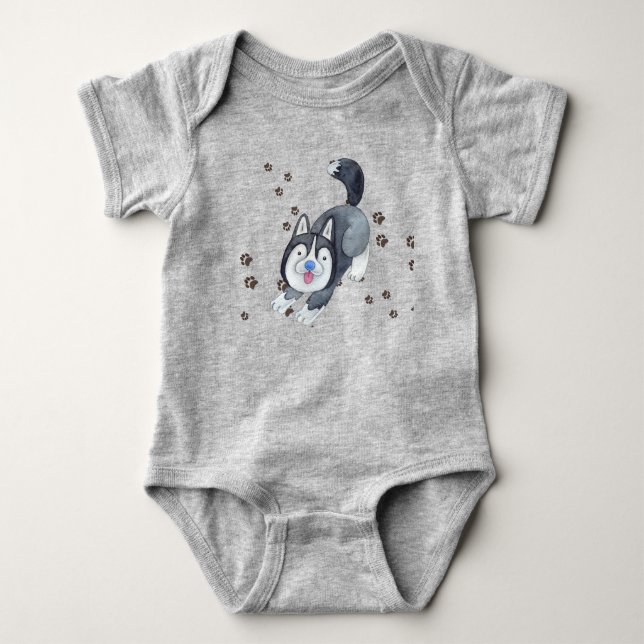 Playful Baby Siberian Husky Puppy Dog Making Track Baby Bodysuit (Front)