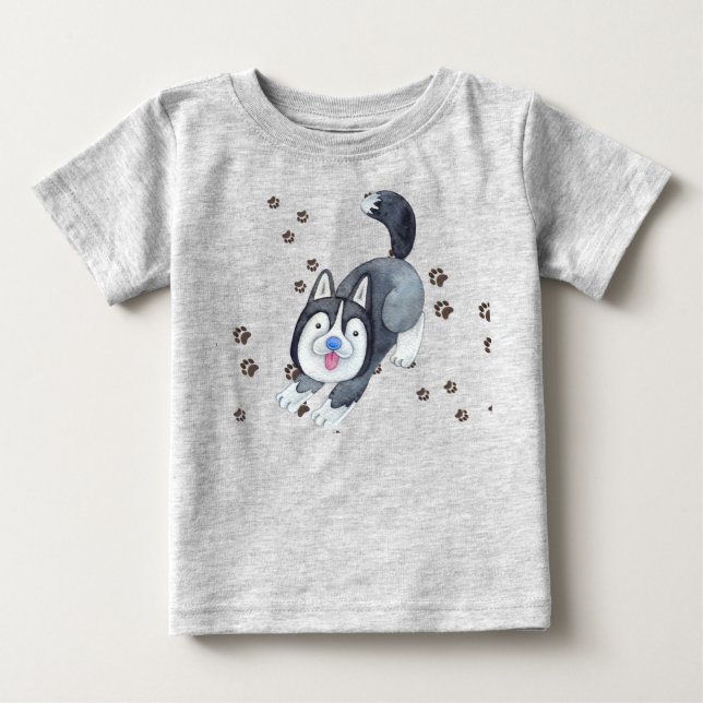 Playful Baby Siberian Husky Puppy Dog Making Track Baby T-Shirt (Front)