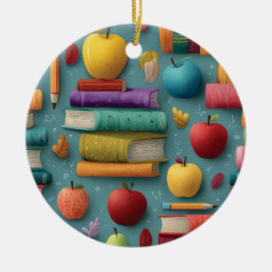Playful Back-to-School Design with Books and Apple Ceramic Ornament