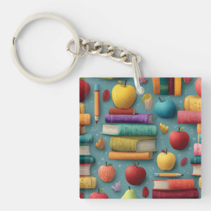 Playful Back-to-School Design with Books and Apple Keychain