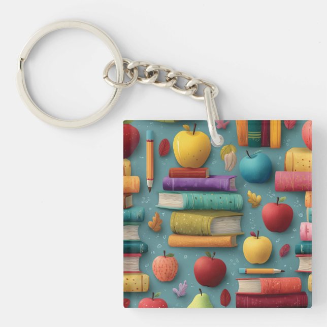 Playful Back-to-School Design with Books and Apple Keychain (Front)