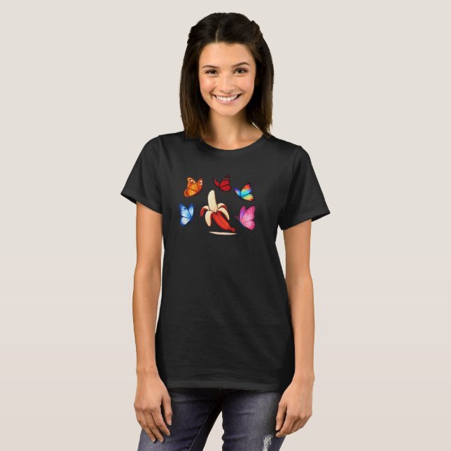 Playful Banana with Flying Butterflies T-Shirt (Front Full)