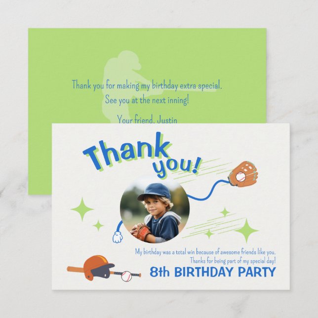 Playful Baseball Birthday Theme for Kids Thank You Card (Front/Back)