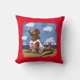 Playful Baseball Seal – Fun Ocean Art for Kids Red Throw Pillow
