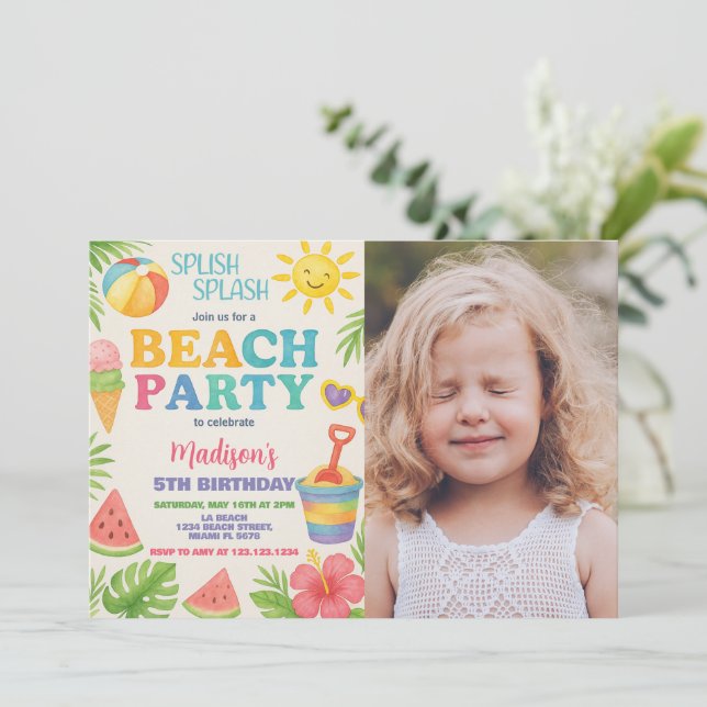 Playful Beach Party Birthday Invitation & Decor (Standing Front)