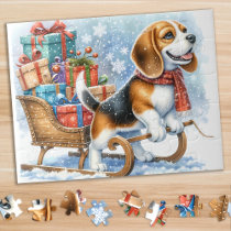 Playful Beagle Dog Christmas Sleigh Puppy Jigsaw Puzzle