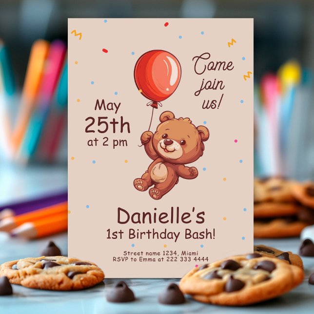 Playful Bear 1st bday, Red Balloon First Birthday Invitation (Creator Uploaded)