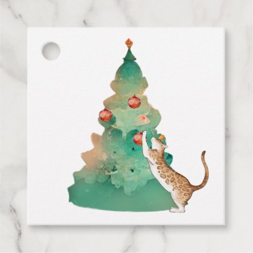 Playful Bengal Cat with a Christmas Tree Gift Tags