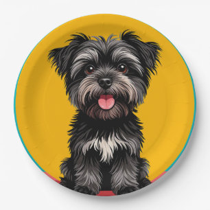 Playful Black And Gray Terrier Puppy Portrait Paper Plates