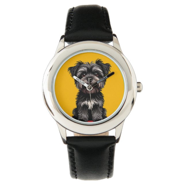 Playful Black And Gray Terrier Puppy Portrait Watch (Front)