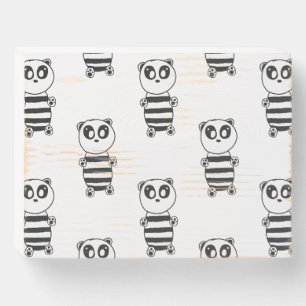 Playful Black and White Panda Art Wooden Box Sign