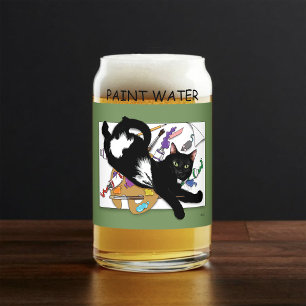 Playful Black Artist Cat Painting Humor Green Can Glass