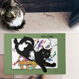 Playful Black Artist Cat Painting Humor Green Doormat
