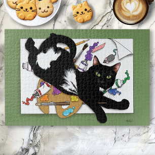 Playful Black Artist Cat Painting Humor Green Jigsaw Puzzle