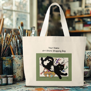 Playful Black Artist Cat Painting Humor Green Large Tote Bag