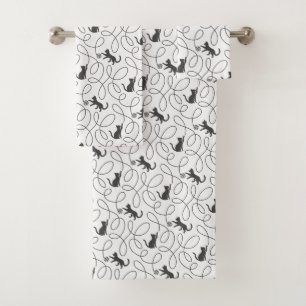 Playful Black Cat and Yarn Ball Pattern Bath Towel Set