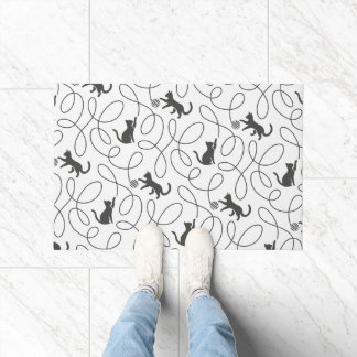 Playful Black Cat and Yarn Ball Pattern Doormat