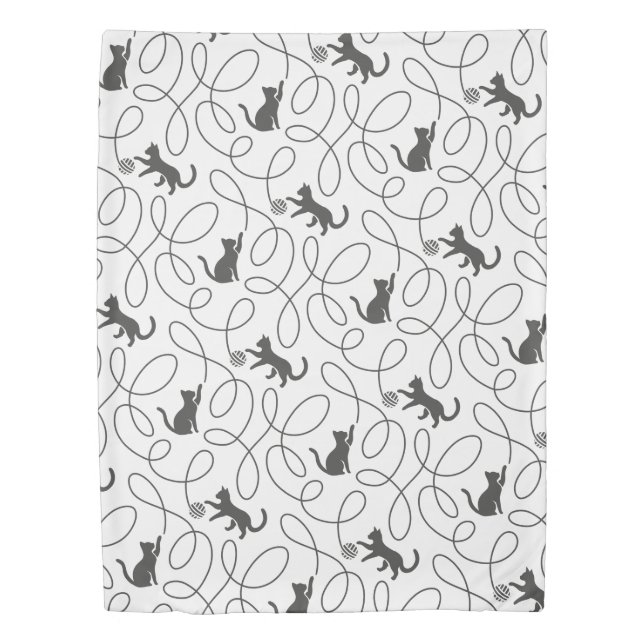 Playful Black Cat and Yarn Ball Pattern Duvet Cover (Front)