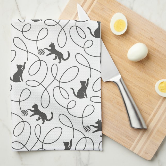 Playful Black Cat and Yarn Ball Pattern Kitchen Towel (Quarter Fold)