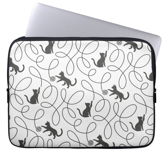 Playful Black Cat and Yarn Ball Pattern Laptop Sleeve (Front)